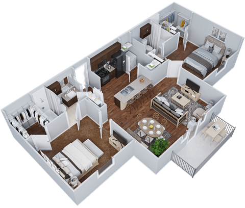 3d floor plan of a bedroom and living room